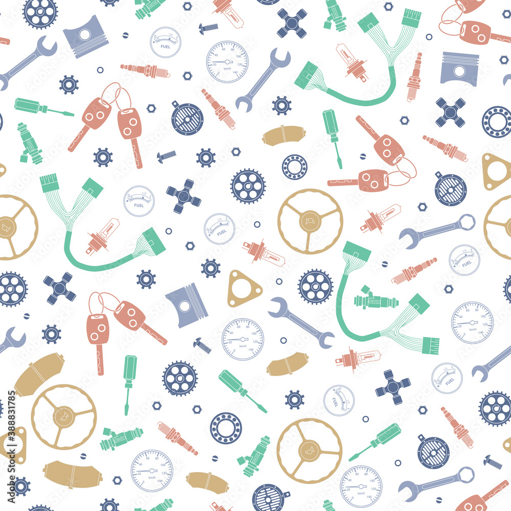 Seamless color background with car parts and elements Seamless color background with car parts and elements