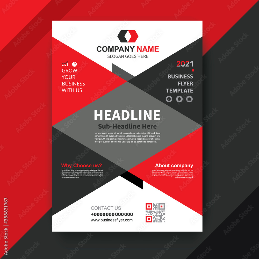 Template flyer black with red elements for printing.  information blocks, texts and QR code. Vector illustration.