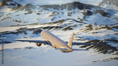 Generic jumbo jet airliner flying above mountain landscape at dawn. Realistic 3D rendering
