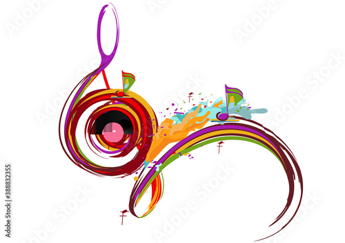 Abstract musical design with a treble clef and colorful splashes, notes and waves. Colorful treble clef. Hand drawn vector illustration.