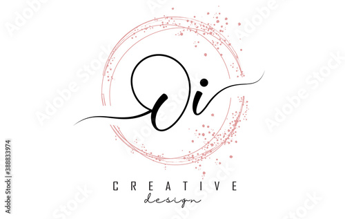 Handwritten Oi O i letter logo with sparkling circles with pink glitter.