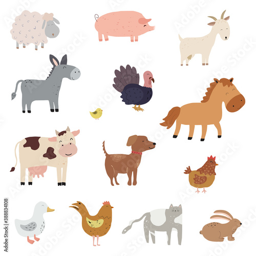 Set of cartoon farm animals. Collection of funny pets and different stylized domestic animals. Vector illustration for children. Zoo.