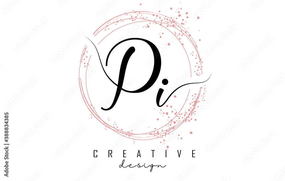 Handwritten Pi P i letter logo with sparkling circles with pink glitter. Handwritten Pi P i letter logo with sparkling circles with pink glitter.