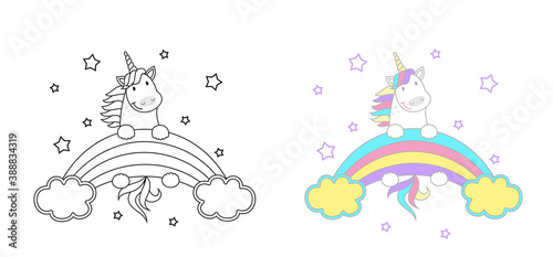 Vector illustration of magic cute unicorn, stars and rainbow.Children's coloring book.