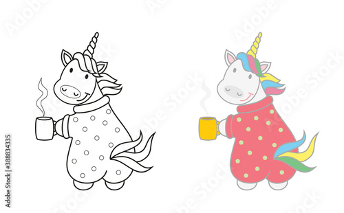 Vector illustration of cute unicorn with cup of tea.Children s coloring book.