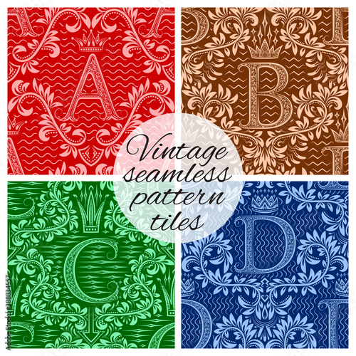 Tiles of vintage seamless patterns for wallpaper design. Set of repeating background swatches in vintage renaissance style. Vintage wallpapers tiles with letters.