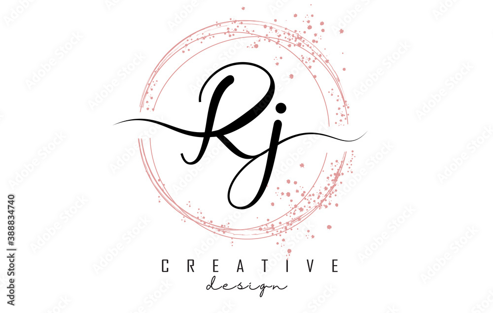 Handwritten Rj R j letter logo with sparkling circles with pink glitter. Handwritten Rj R j letter logo with sparkling circles with pink glitter.