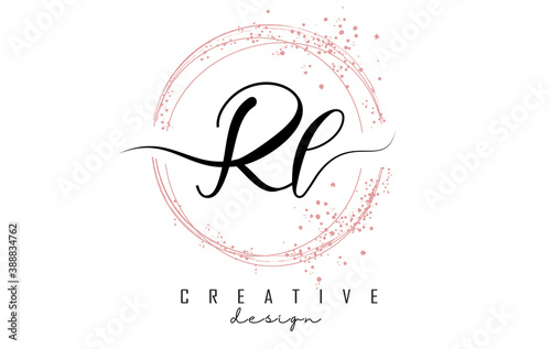 Handwritten Rl R l letter logo with sparkling circles with pink glitter.