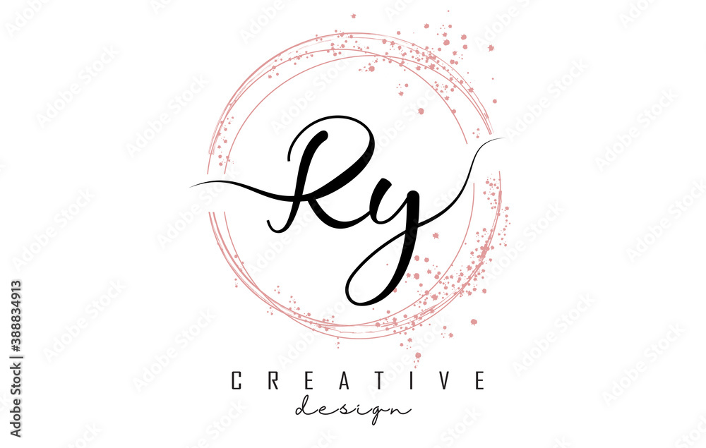 Handwritten RY R Y letter logo with sparkling circles with pink glitter. - obrazy, fototapety, plakaty 