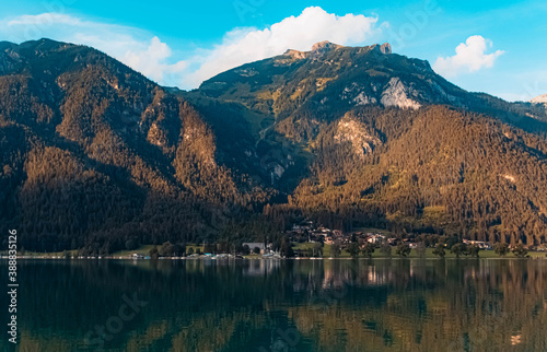 Beautiful alpine sunset view with reflections at the famous Achensee, Pertisau, Tyrol, Austria