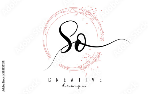 Handwritten So S o letter logo with sparkling circles with pink glitter.