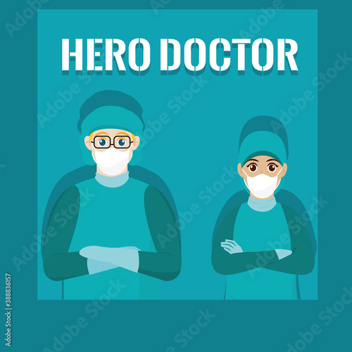 Medical couple icu doctor hero head green with cape poster - Vector