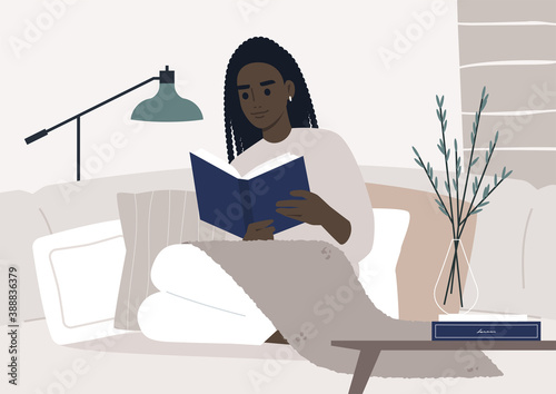 Lockdown home activities, a female Black character reading a book in a cozy interior, good habits