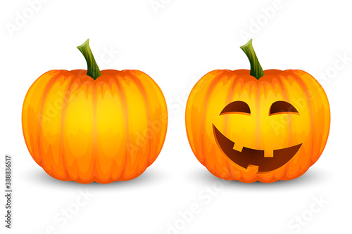 Vector Cartoon Halloween Pumkin Lantern. Funny Face and Blank. Set Closeup Isolated on White Background. Front View. Design Template. Autumn Holidays, Halloween Concept photo