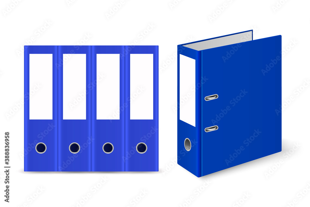 Vector 3d Closed Realistic Blue Blank Office Binder with Metal Rings for A4 Paper Sheet Set Closeup Isolated on White Background. Design Template, Mockup, Front, Side, Back View Vector 3d Closed Realistic Blue Blank Office Binder with Metal Rings for A4 Paper Sheet Set Closeup Isolated on White Background. Design Template, Mockup, Front, Side, Back View