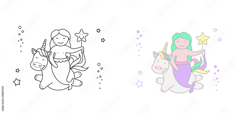 Vector illustration of cute mermaid and magic unicorn.Children's coloring book.