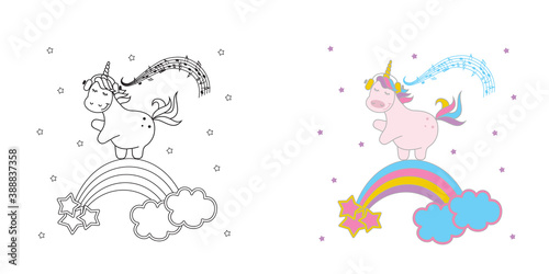 Vector illustration of magic cute unicorn  stars and rainbow.Children s coloring book.