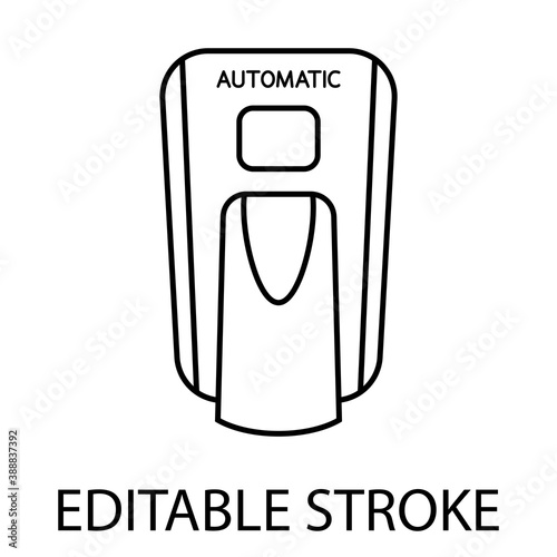 Hand free sanitizer. Wall mounted soap automatic dispenser. Automated contactless restroom equipment with sensors. Touch less hand sanitizer. Soap dispenser. Editable stroke. Vector