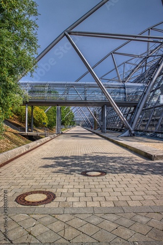 Leipzig, Germany-August 28,2019. View of the construction details of the pedestrian connecting pipes of the exhibition center of the Leipziger Messe Leipzig -Germany.