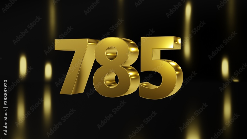 Number 785 in gold on black and gold background, isolated number 3d