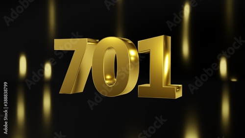 Photos Number 701 in gold on black and gold background, isolated number 3d render