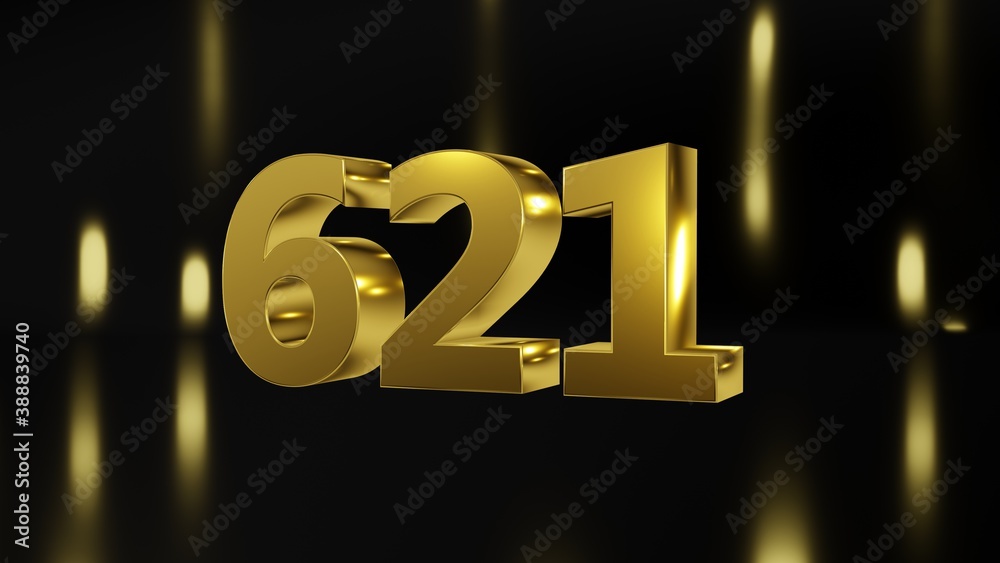 Number 621 in gold on black and gold background isolated number 3d