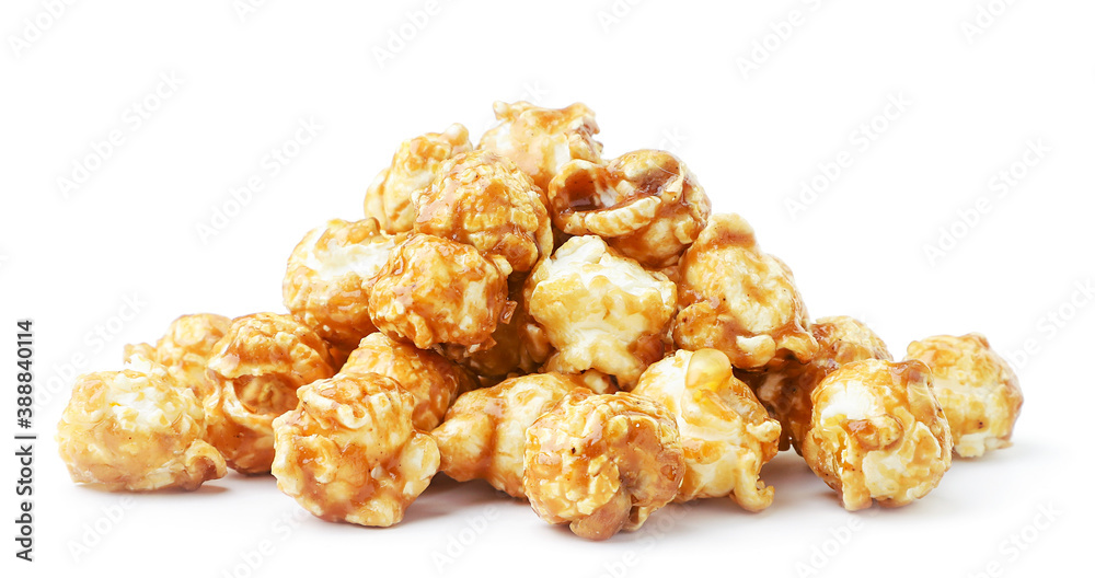 Heap of caramelized popcorn on a white plate. Isolated Heap of caramelized popcorn on a white plate. Isolated