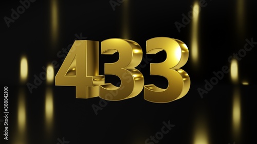 Number 433 in gold on black and gold background, isolated number 3d render