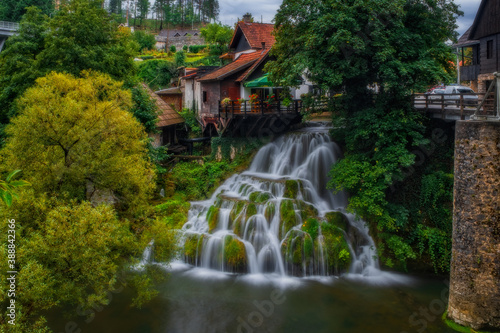 Prvi Slap - First Waterfall on Korana river canyon in village of Rastoke. Slunj in Croatia. Near Plitvice Lakes National Park. August 2020, long exposure picture.