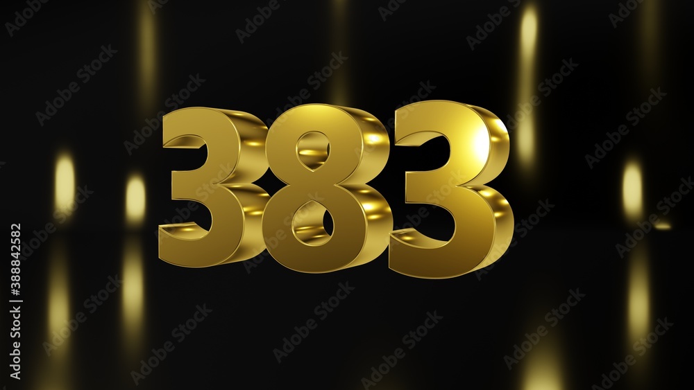 Number 383 in gold on black and gold background, isolated number 3d render