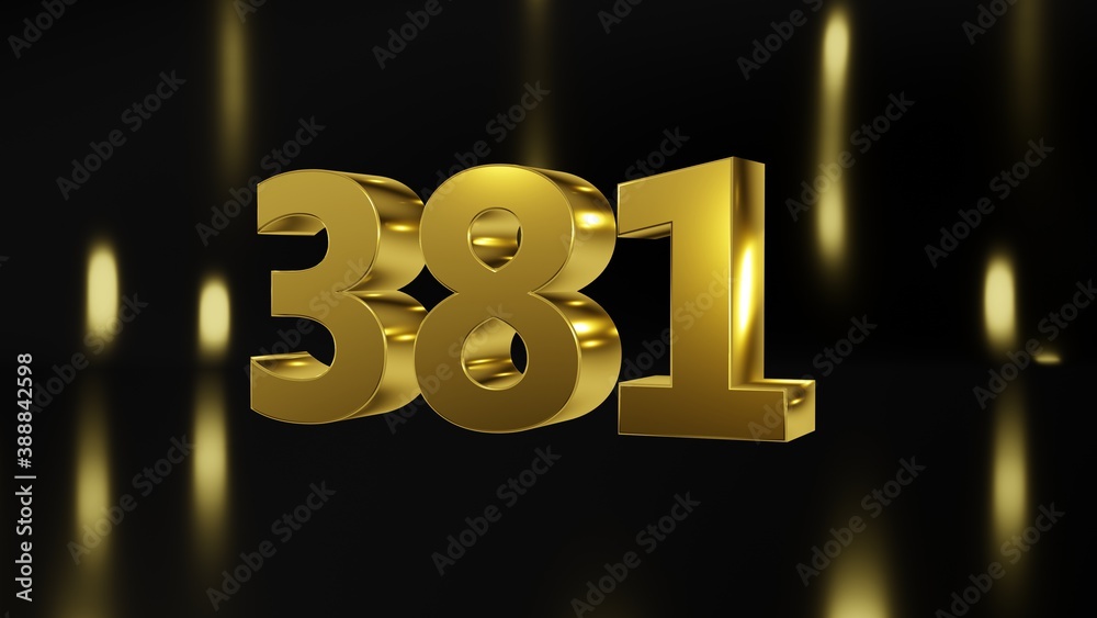 Number 381 in gold on black and gold background, isolated number 3d render