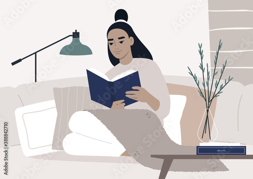 Lockdown home activities, a female Asian  character reading a book in a cozy interior, good habits