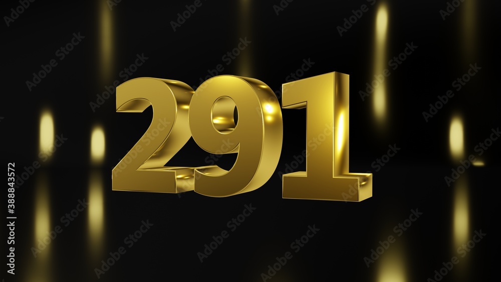Number 291 in gold on black and gold background, isolated number 3d render