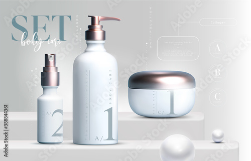 Vector 3D elegant cosmetic products set background premium cream jar for skin care products. Luxury facial cream. Cosmetic ads flyer or banner design. Cosmetic cream template. Makeup products brand.