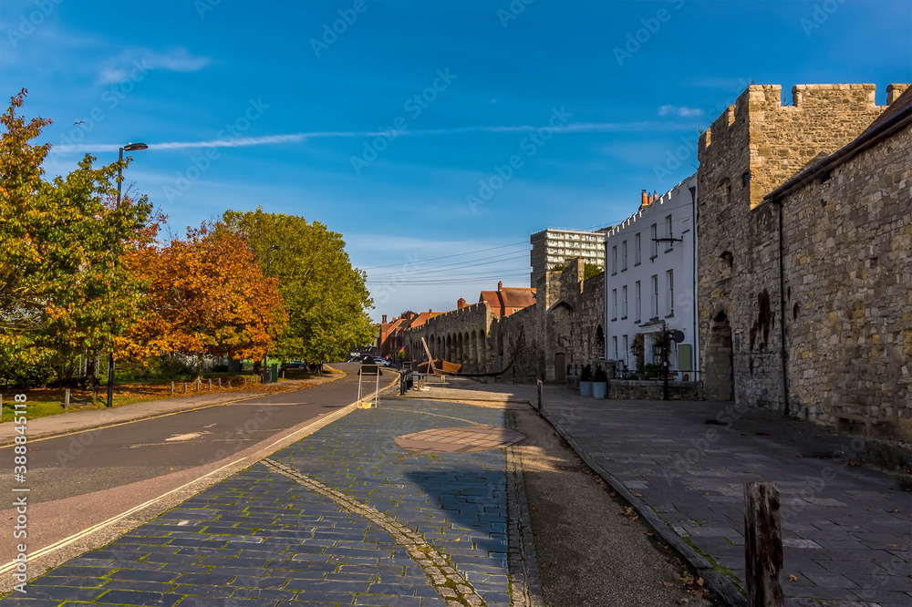 A view along the remains of the thirteenth-century town walls in Southampton, UK in Autumn