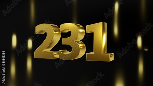 Number 231 in gold on black and gold background, isolated number 3d render