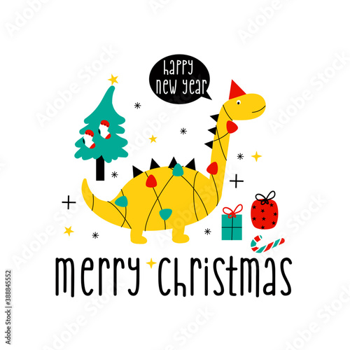 Cute dinosaur and merry Christmas slogan. Vector illustration design for fashion fabrics, textile graphics, cards, and posters prints.