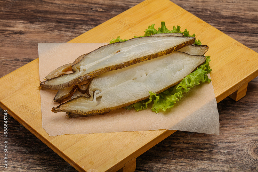 Delicous smoked halibut slices snack Delicous smoked halibut slices snack