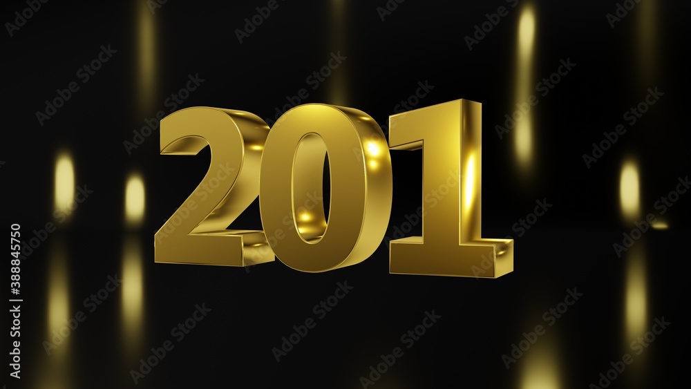 Number 201 in gold on black and gold background, isolated number 3d render