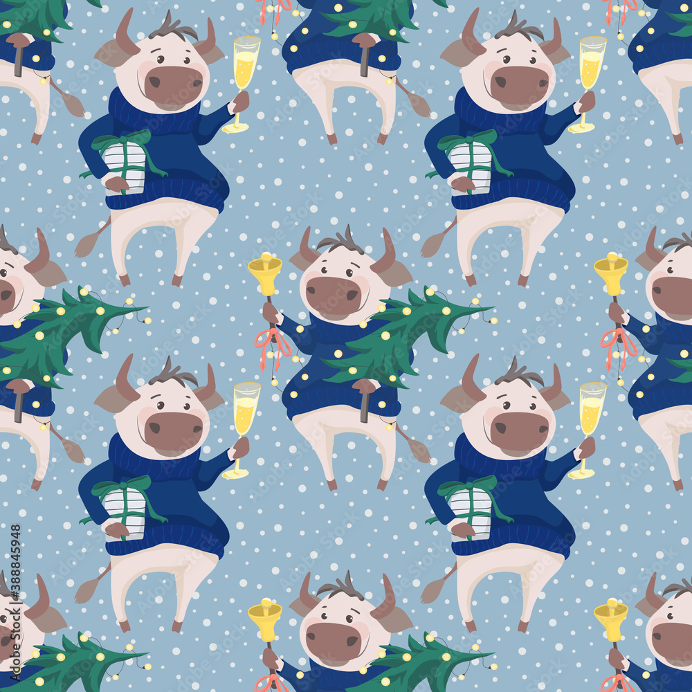 Fototapeta premium Vector seamless pattern with cute bull in blue sweater with christmas tree and bell. Blue background with white dots