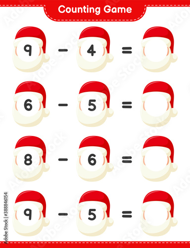 Counting game, count the number of Santa Claus and write the result. Educational children game, printable worksheet, vector illustration