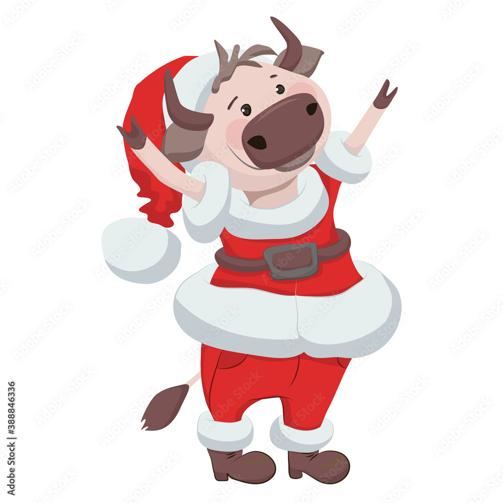 Cute vector illustration with an ox in christmas costume - chinese zodiac symbol
