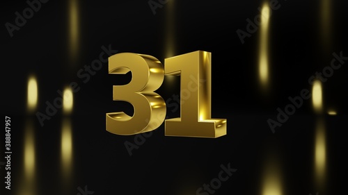 Number 31 in gold on black and gold background, isolated number 3d render