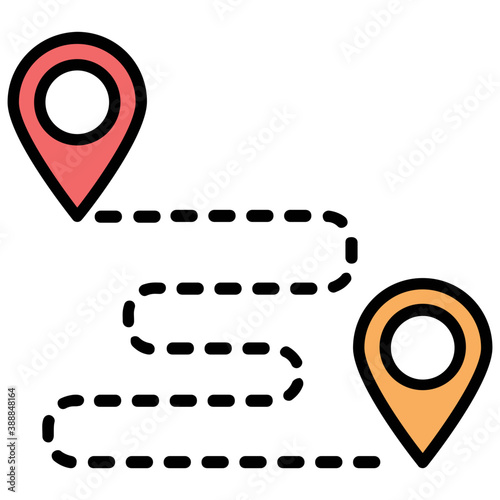 
Two map pins on a line path is icon of start and end journey of road route 
