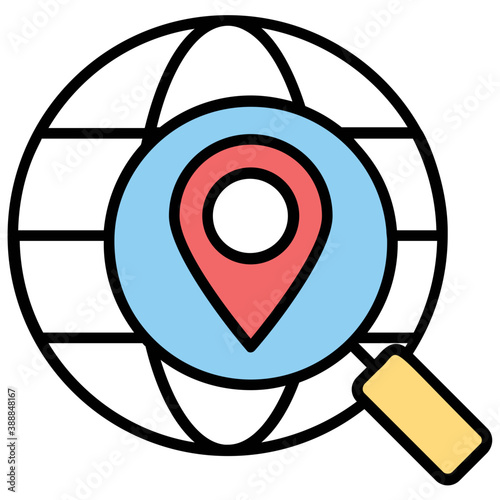 
A location pin over world map, global positioning system flat icon 
