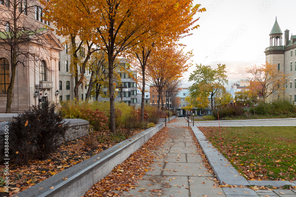 The west side of the City Hall gardens along the Pierre-Olivier-Chauveau Street in Old Town seen during a Fall morning, Quebec City, Quebec, Canada