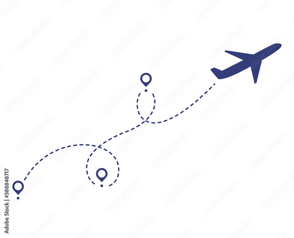 Airplane dotted path, route line. Aircraft tracking, trace or road vector illustration. Plane track to point with dashed line way or air lines on white background. Starting pin to destination point. Airplane dotted path, route line. Aircraft tracking, trace or road vector illustration. Plane track to point with dashed line way or air lines on white background. Starting pin to destination point.