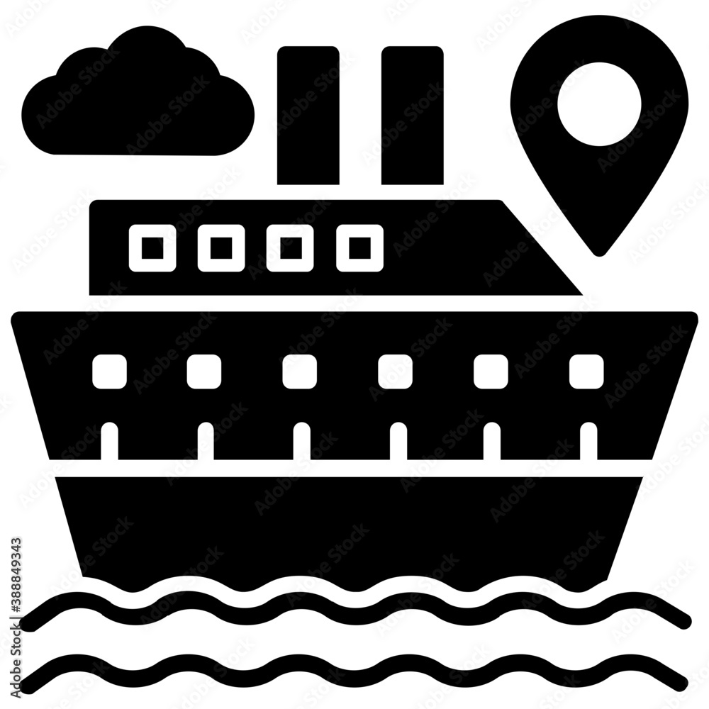 Obraz premium A big cruise ship with location marker in sea where zigzag waves indicating water, a notion for sea route icon 