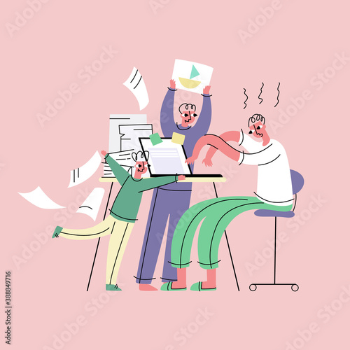 Vector illustration with tired parent, father who is trying to work at home on remote site. He is disturbed by children. Concept fatherhood, family. It can be used in web design, banners, etc.