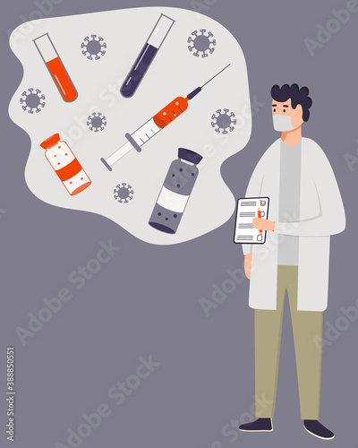 Doctor in mask think about coronavirus vaccine. Scientist do research about people vaccination, think about syringe, vial, falcon, handle notebook. Pandemic situation, find treatment from illness.
